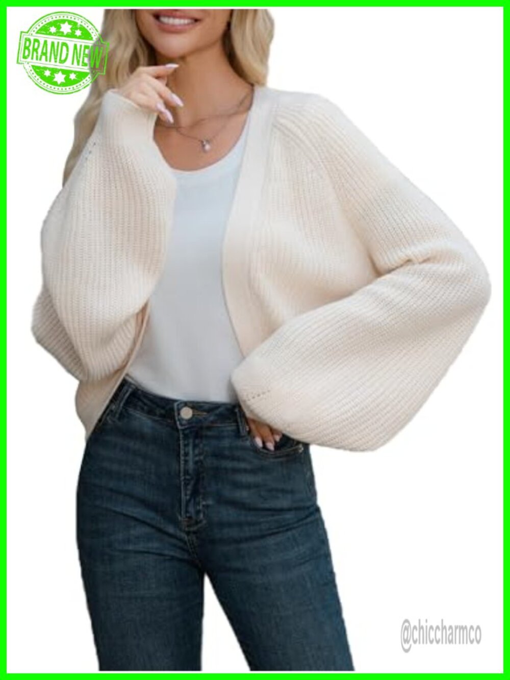 Oversized Open Front Cardigan Cropped Lantern Sleeve Knit Bolero